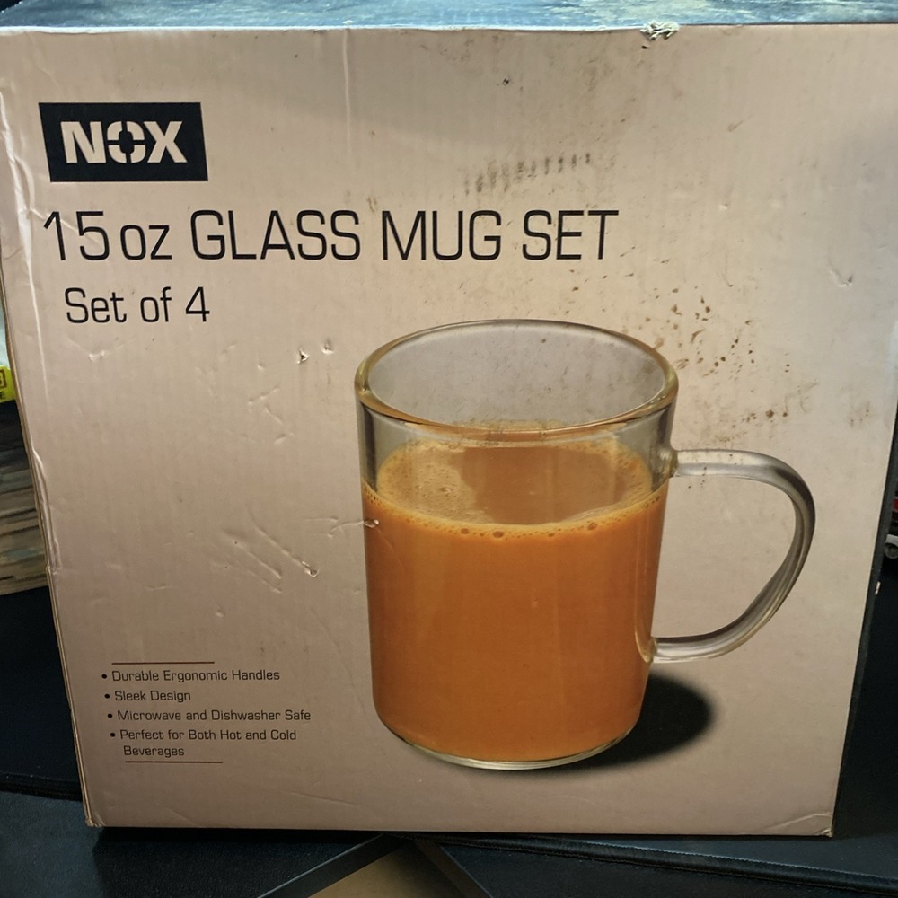 Nox 15oz Clear Glass Mugs Hot & Cold Set Of 4 NIB